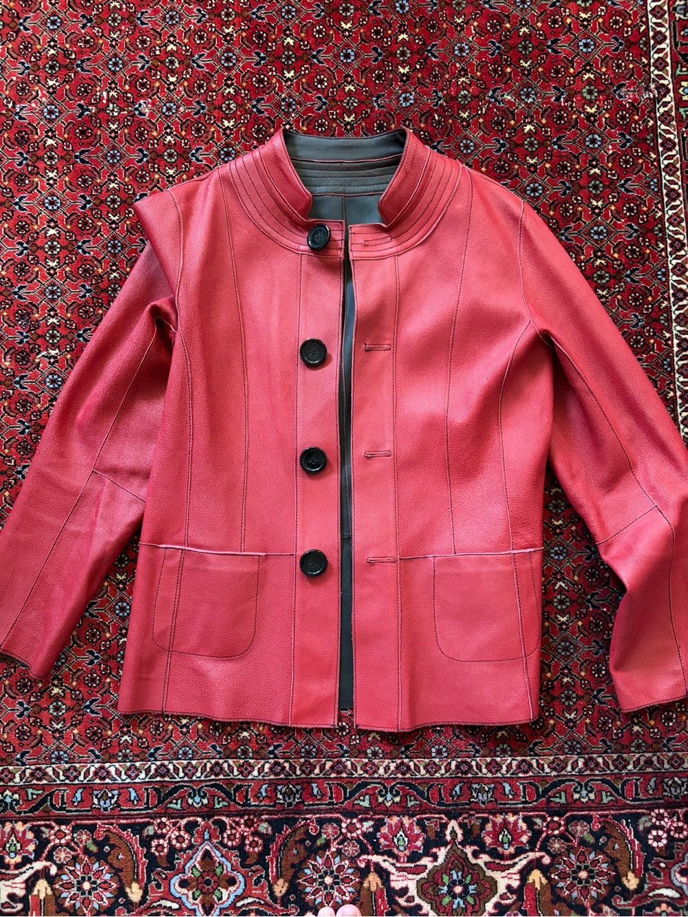 Peck & Peck Reversible Red and Black Leather Button-Front Jacket